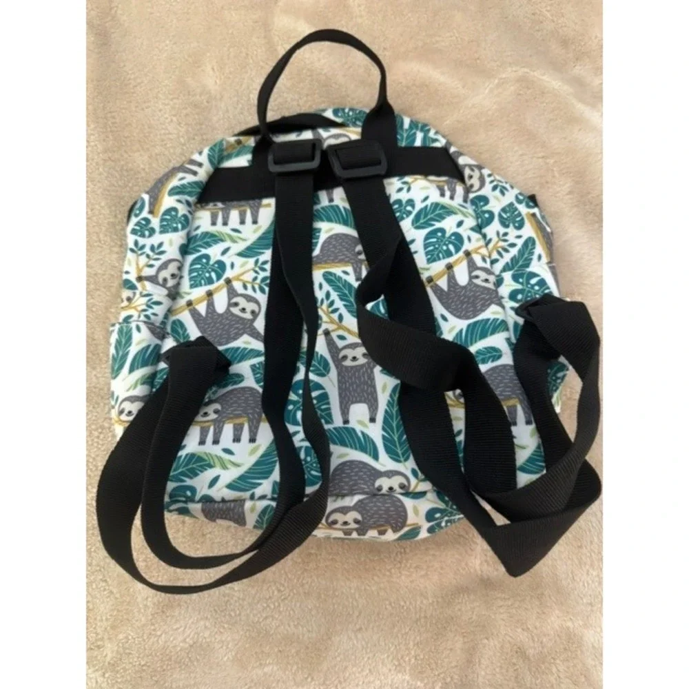 Sloth Tropical Leaf Print Mini Canvas Backpack Green White Adjustable Straps‎